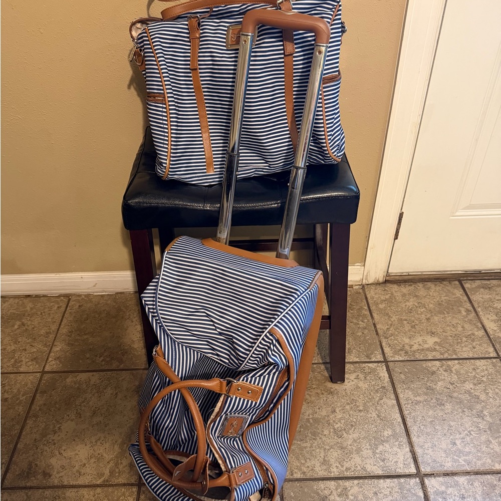 Jessica Simpson Navy and White Striped Rolling Travel Bag with Tan Accents